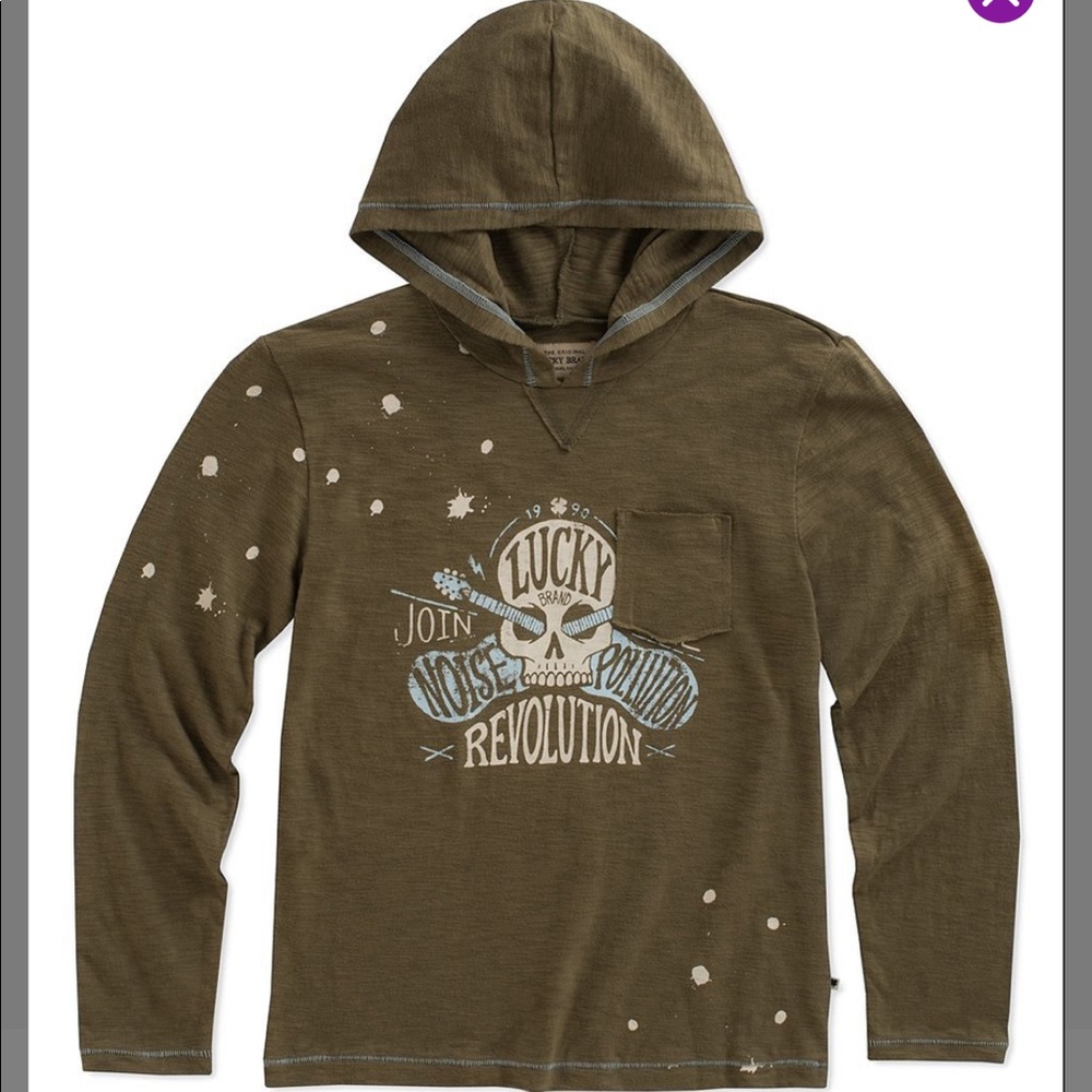 Lucky Brand long sleeve T hoodie olive green with skull guitar screen print